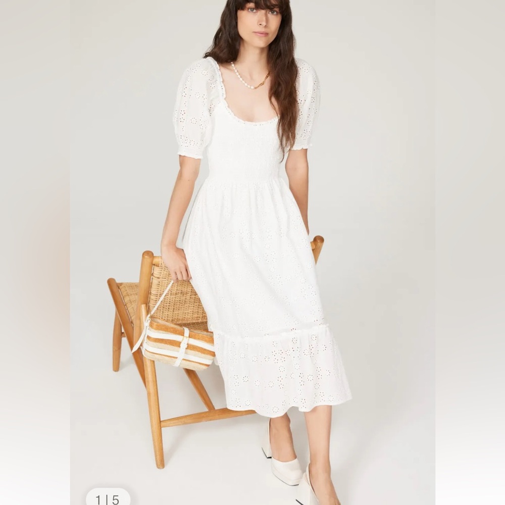 Hill House Louisa White Eyelet Midi Dress - GUC - Smocked Stretchy Cotton